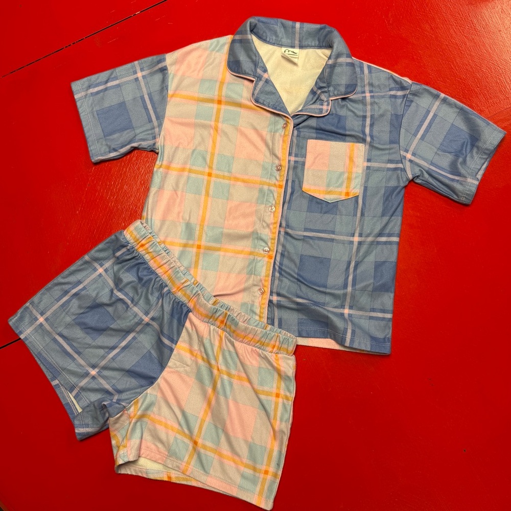 ART CLASS SHORT SLEEVE AND SHORTS FLANNEL PAJAMAS PLAID PINK BLUE
